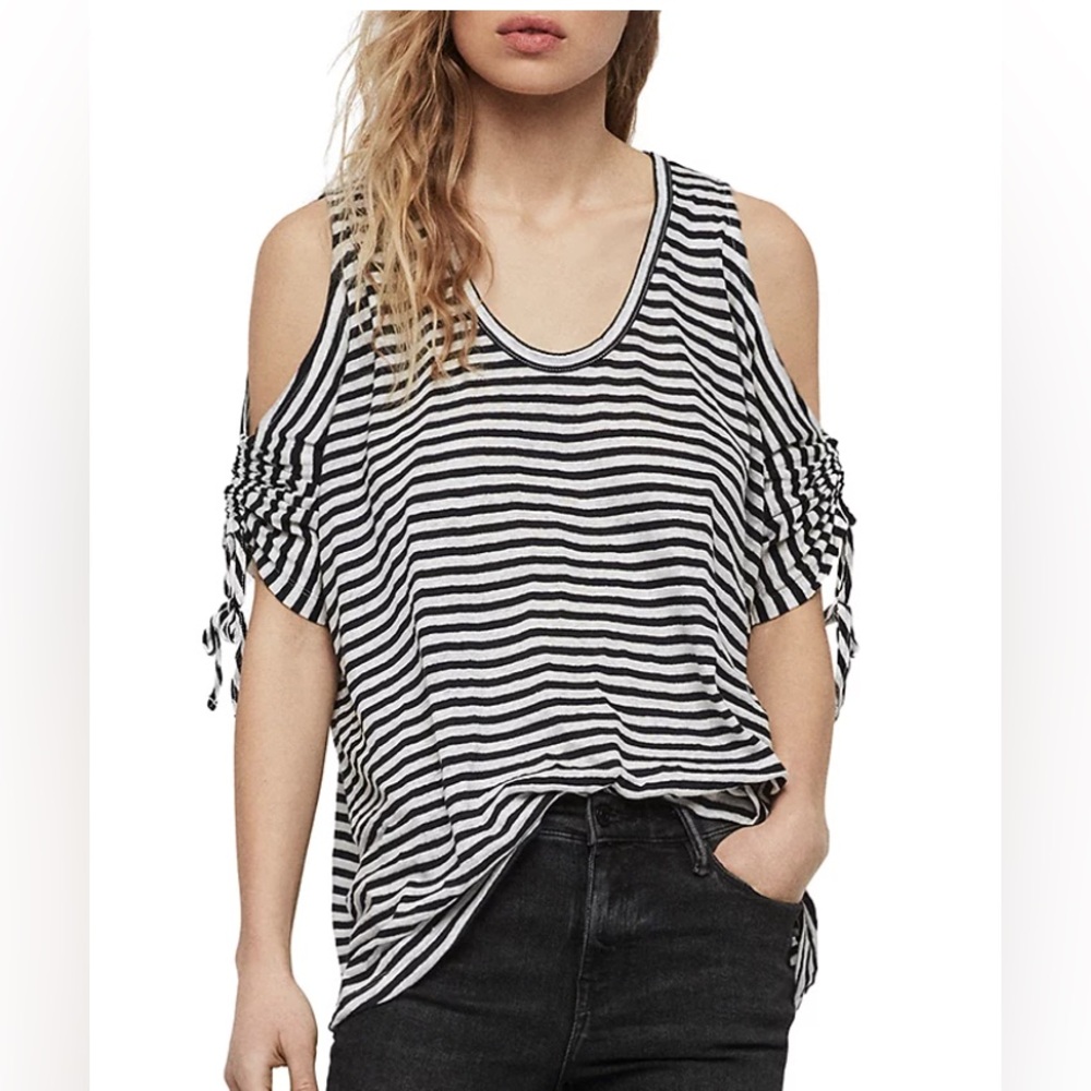 AllSaints Harper Striped Cold Shoulder Top Navy White Linen Blend Tee Size Small